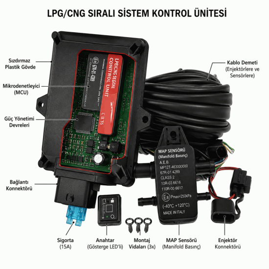 AEB Sıralı LPG ECU EKÜ MAP  Tesisat Anahtar Düğme Seti    Tüm Araçlara Uygun
